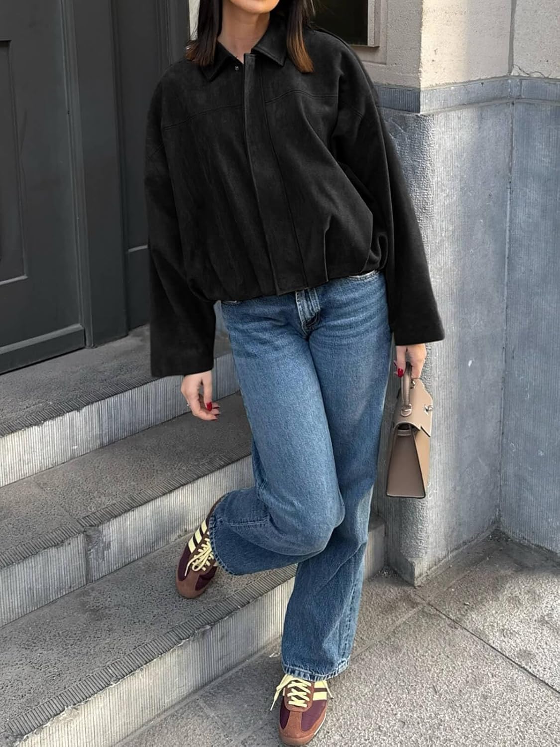 Womens Faux Suede Bomber Jackets Cropped Zip Up Lapel Coats Fall Casual Outerwears Womens Faux Suede Bomber Jackets Cropped Zip Up Lapel Coats Fall Casual Outerwears