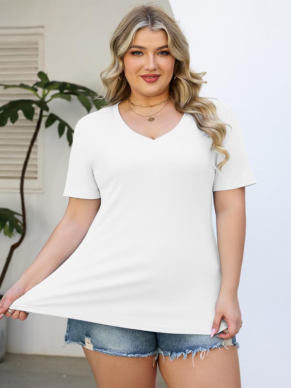 Womens Tops V Neck Short Sleeve Ribbed Knit Shirts Summer Fitted Basic Tee Casual Blouse Womens Tops V Neck Short Sleeve Ribbed Knit Shirts Summer Fitted Basic Tee Casual Blouse