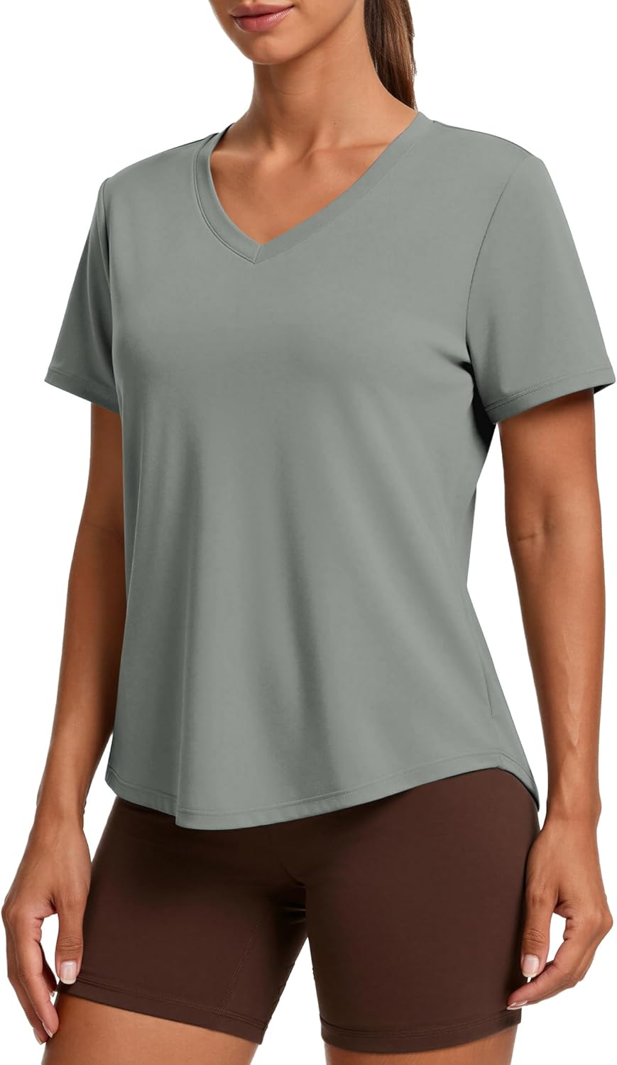 Soft Workout Tops for Women Short Sleeve V Neck Moisture Wicking UPF Sun Protection Quick Dry Gym Shirts