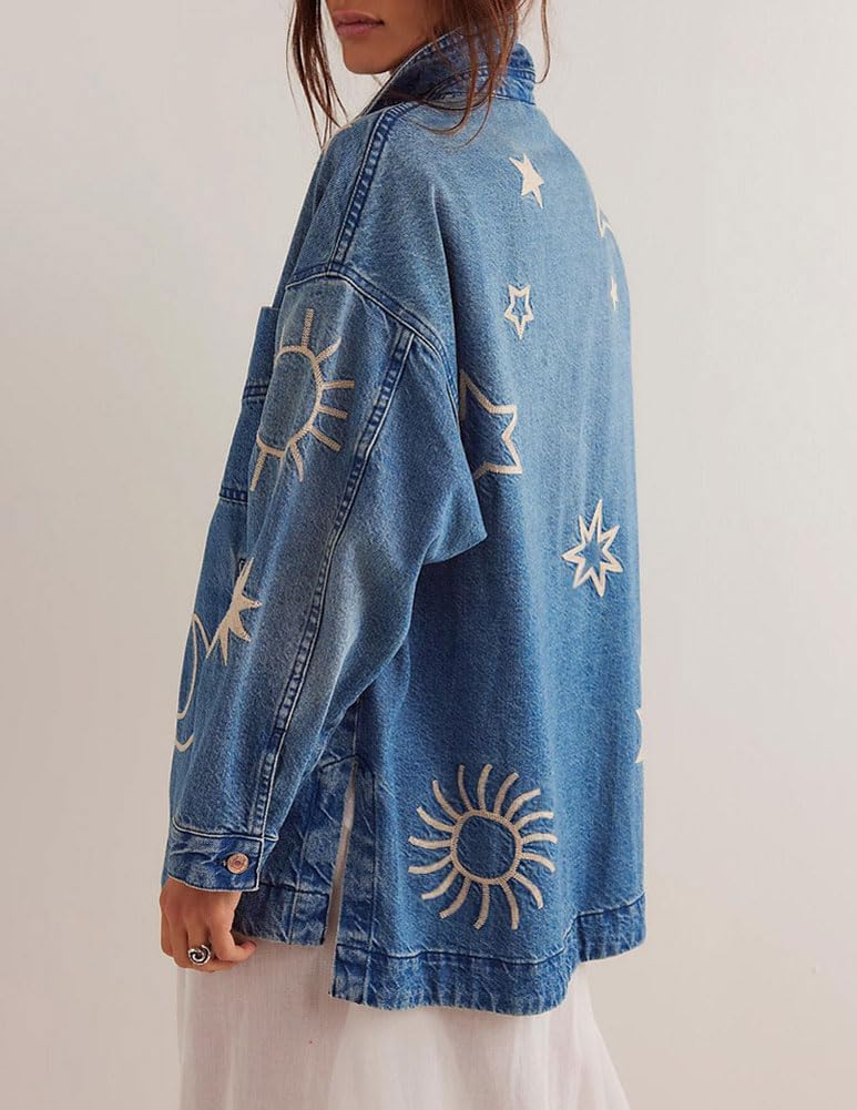 Women's Fall Embroidery Jacket Vintage Boyfriend Casual Jean Jacket Women's Fall Embroidery Jacket Vintage Boyfriend Casual Jean Jacket