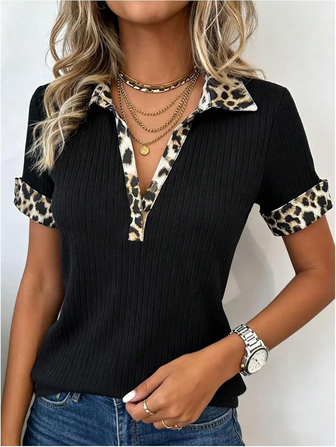 Women's Leopard T Shirt Collared V Neck Short Sleeve Ribbed Knit Tee Fitted Summer Casual Tops