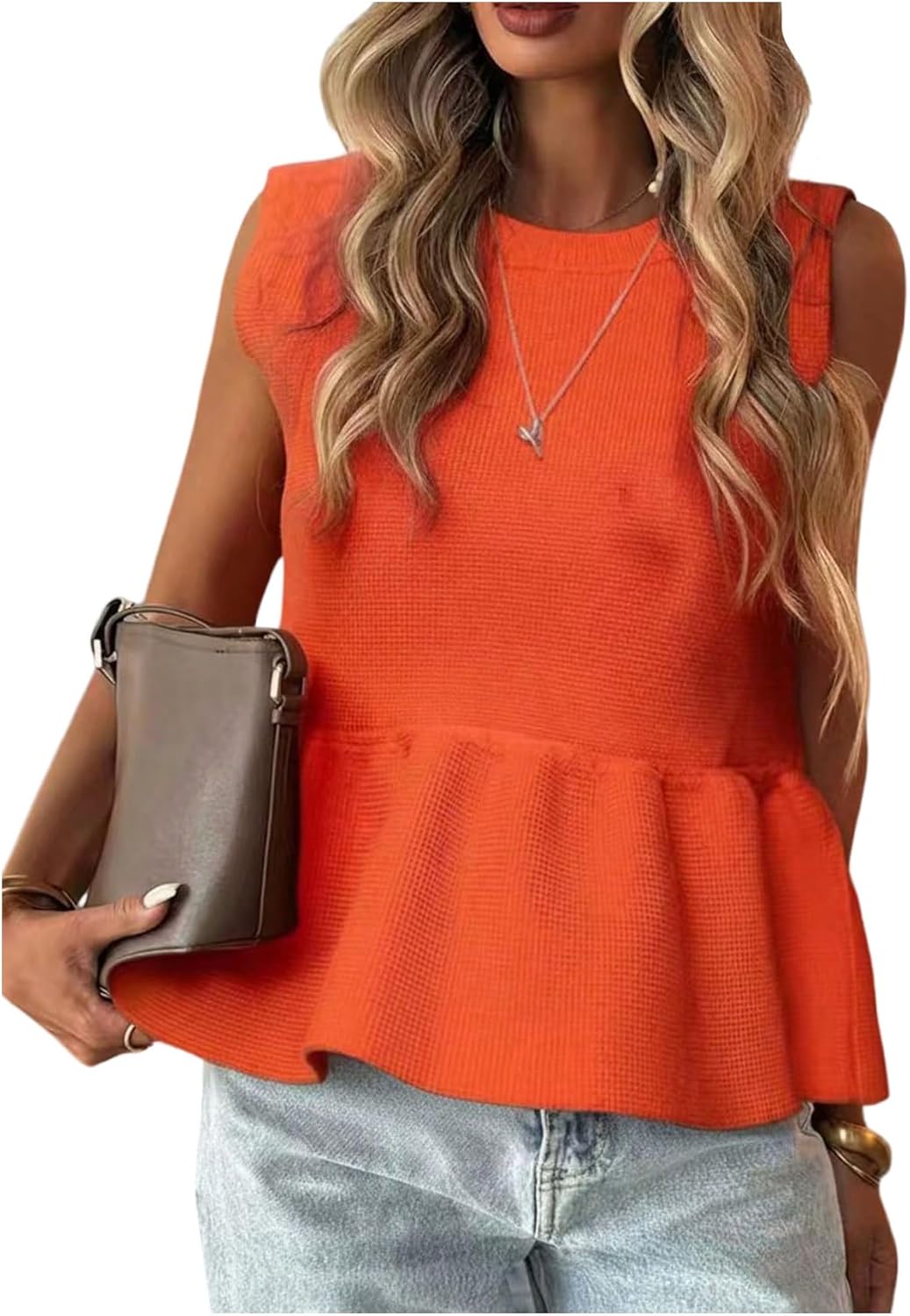 Women's Ruffle Peplum Sweater Tank Top Sleeveless Knit Babydoll Top Sweater Vest Jumper