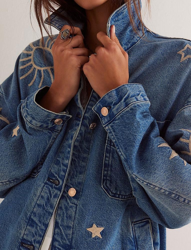 Women's Fall Embroidery Jacket Vintage Boyfriend Casual Jean Jacket Women's Fall Embroidery Jacket Vintage Boyfriend Casual Jean Jacket