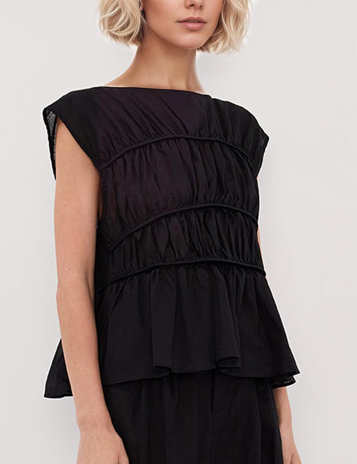 Women's Casual Tiered Shirred Tank Top Crew Neck Cap Sleeve Pleated Flared Hem Babydoll Tee Shirt Blouse Tops