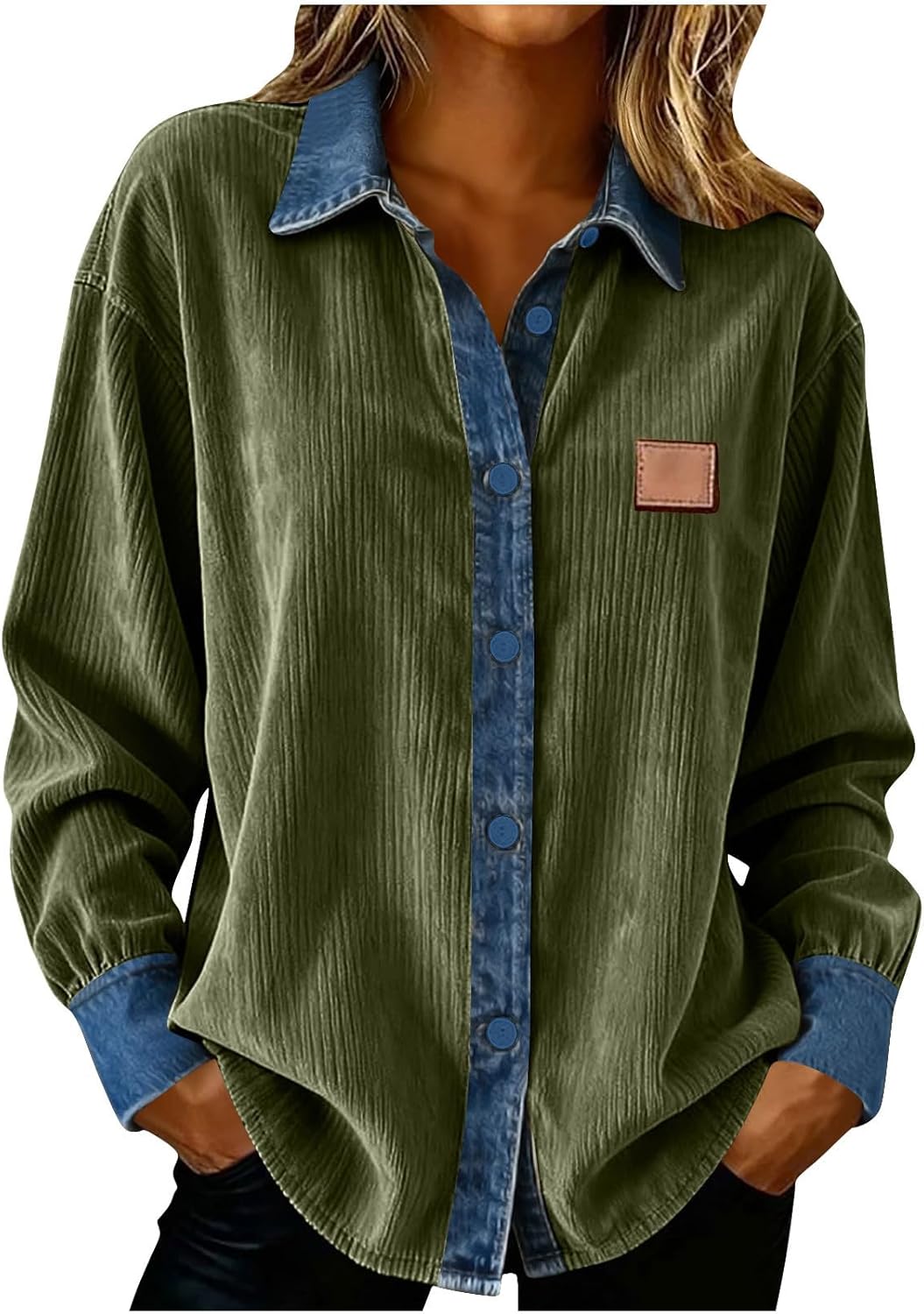 Womens Corduroy Shirt Long Sleeve Button Up V Neck Blouses Tops Loose Fit Dressy Casual Shacket Jacket
