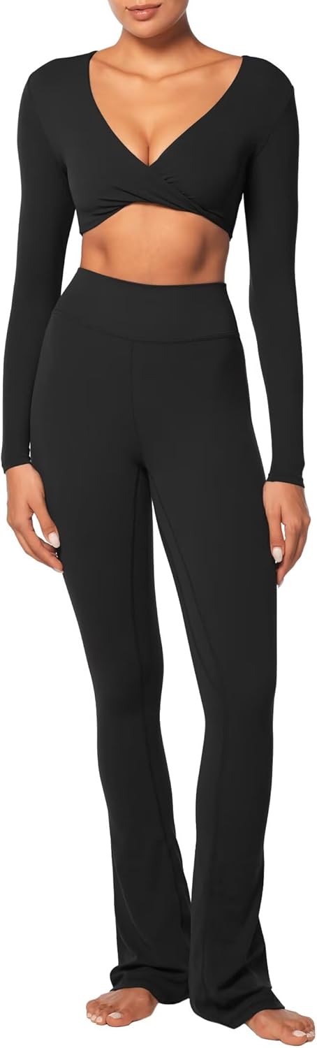 Women's Long Sleeve Crop Top Buttery Soft V Twist Workout Tee with Compression for Yoga Pilates Gym