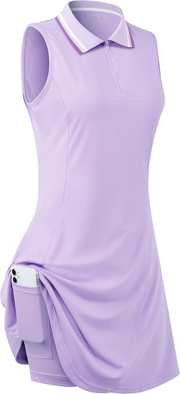 Womens Sleeveless Golf Tennis Dresses with Inner Shorts Pockets for Workout Exercise