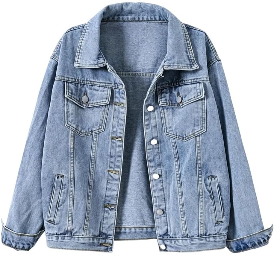 Women Vintage Loose Fit Washed Distressed Button Down Jacket Outdoor Chic