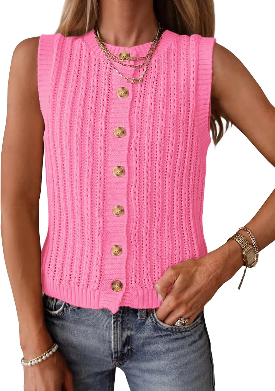 Womens Sleeveless Sweater Vest Button Down Crochet Cardigan Summer Knit Tank Top Trendy Going Out Tops