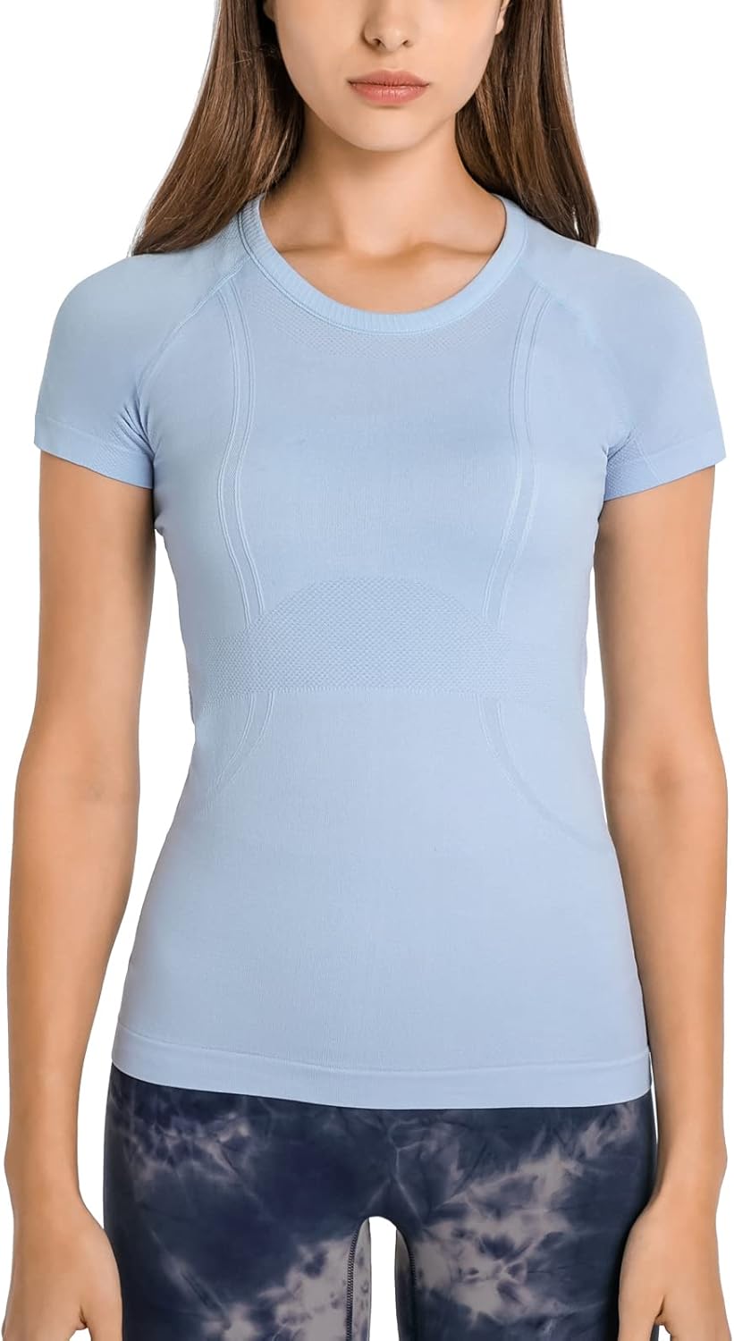 Seamless Workout T Shirts for Women Breathable Short Sleeve Yoga Tops Athletic Gym Shirts