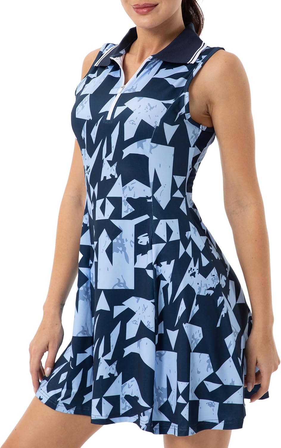 Women's Sleeveless Polo Tennis Dress Abstract Geometric Print Ribbed Collar Half-Zip Golf Pickleball Dress