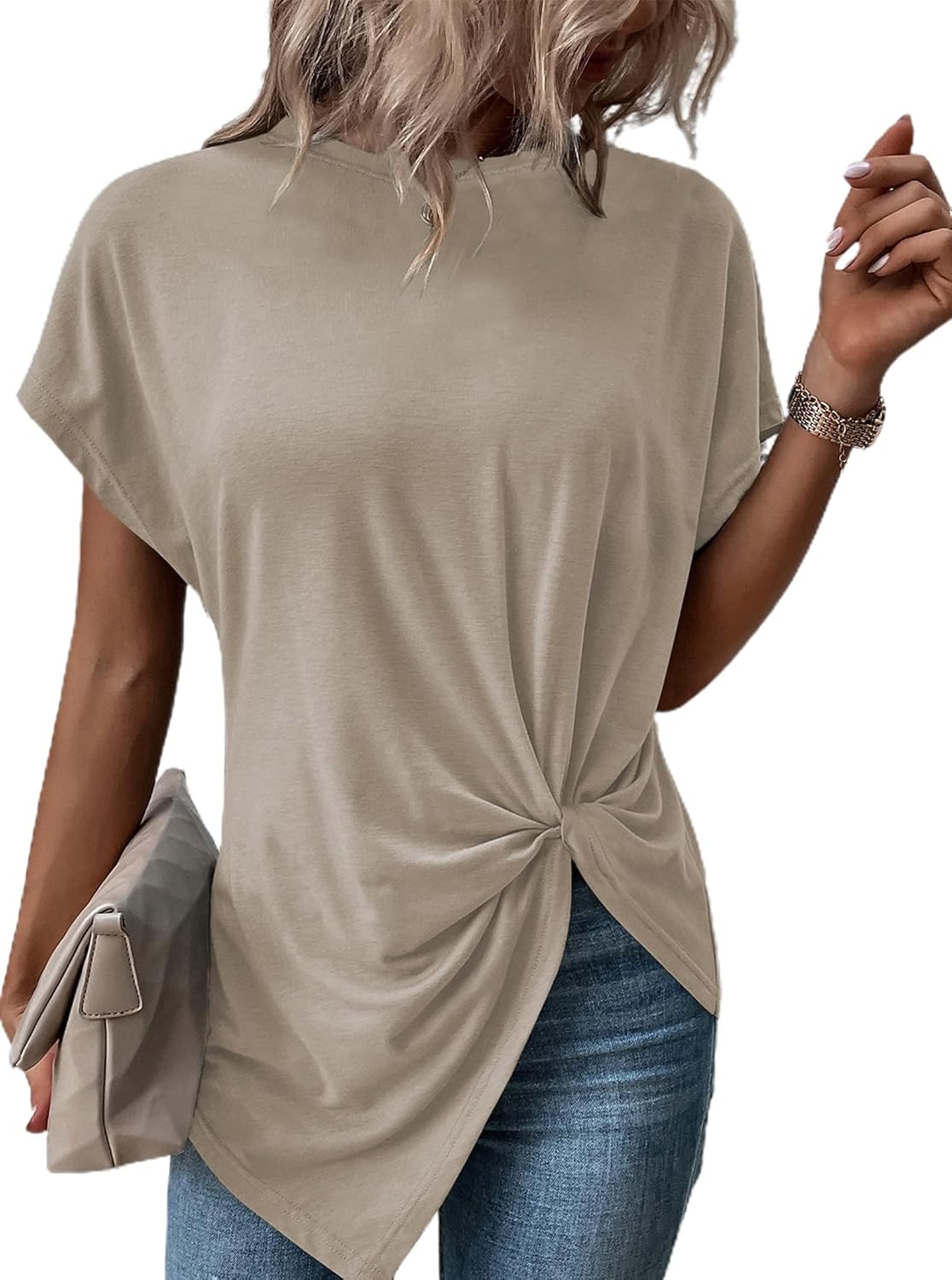 Asymmetrical Tops for Women Twist Front Top Crewneck Knot Short Sleeve T Shirts Asymmetrical Tops for Women Twist Front Top Crewneck Knot Short Sleeve T Shirts