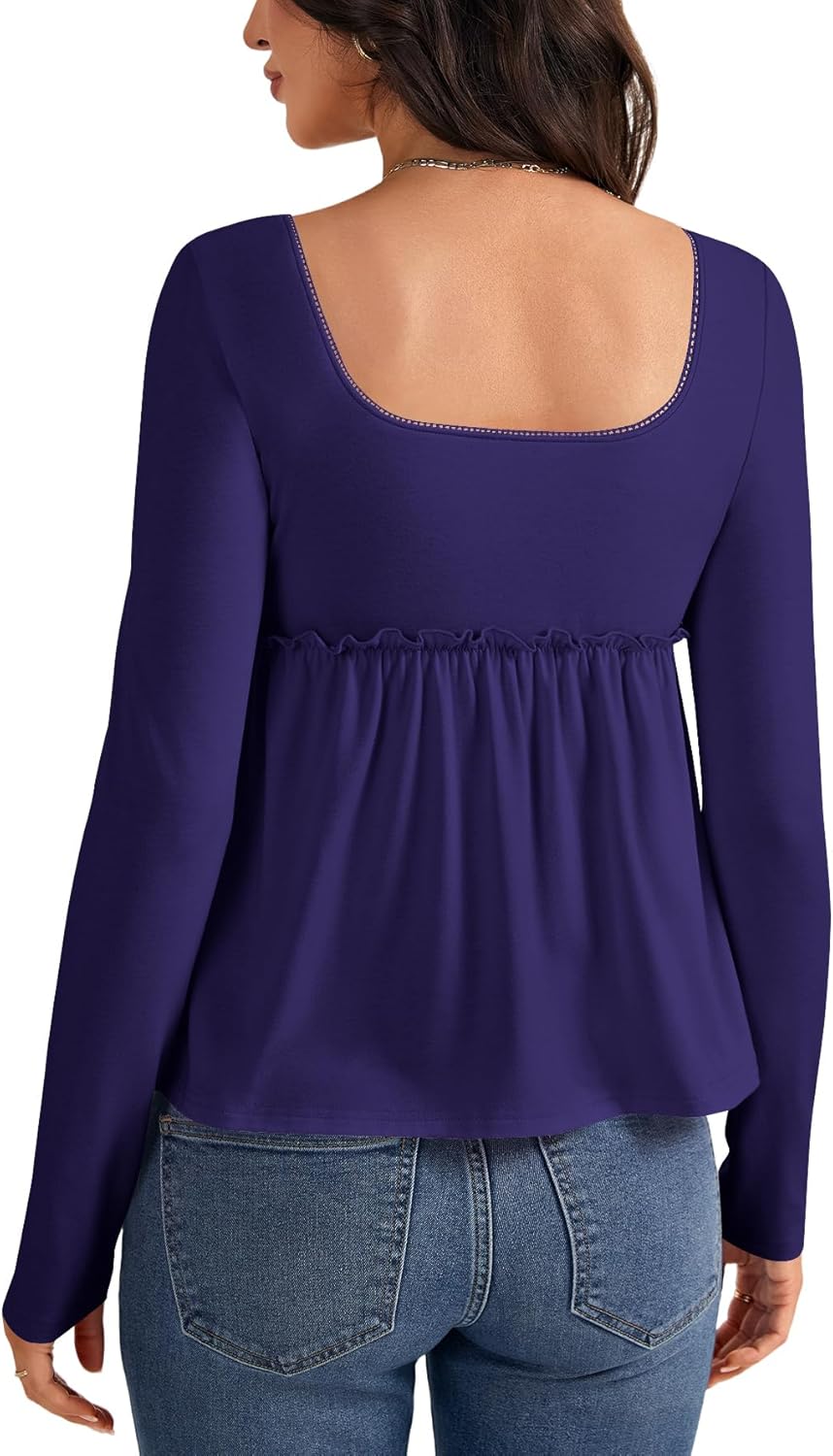 Women's Square Neck Frill Ruched Long Sleeve Babydoll Peplum Top Blouse Shirt Women's Square Neck Frill Ruched Long Sleeve Babydoll Peplum Top Blouse Shirt