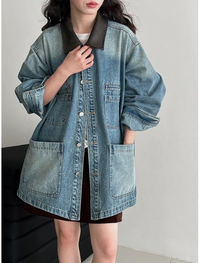 Button Up Jacket for Women Patchwork Lapel Mid Long Motorcycle Coat Button Up Jacket for Women Patchwork Lapel Mid Long Motorcycle Coat