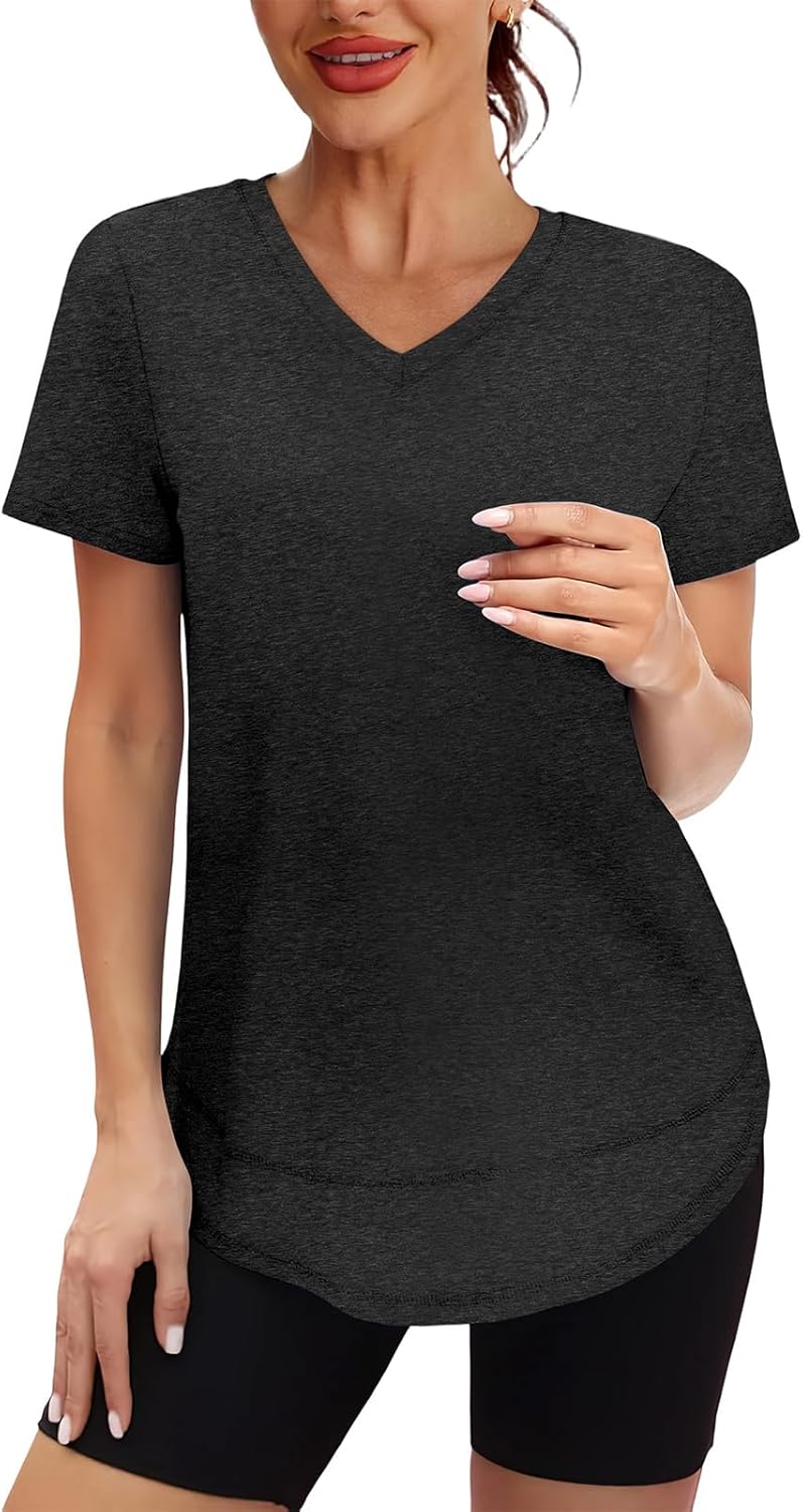 Womens Workout Tops Short Sleeve Shirts Sun Protection UPF Quick Dry Outfits for Hiking Running V Neck