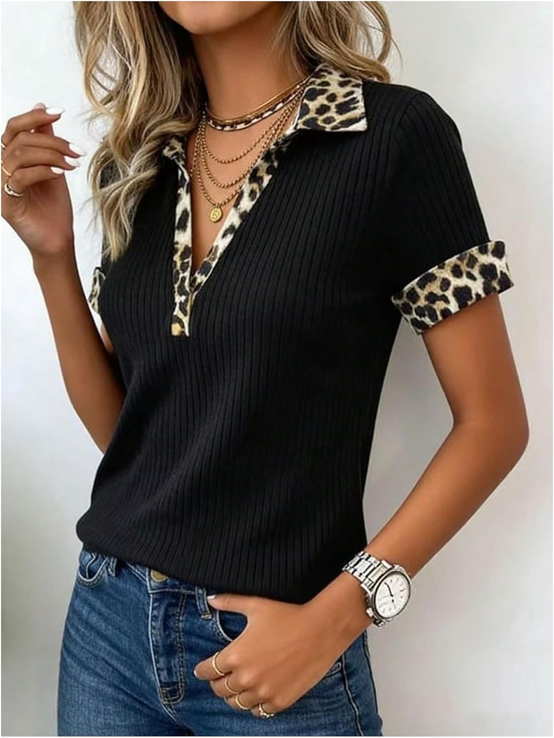 Women's Leopard T Shirt Collared V Neck Short Sleeve Ribbed Knit Tee Fitted Summer Casual Tops
