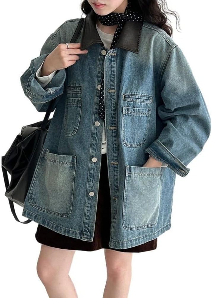 Button Up Jacket for Women Patchwork Lapel Mid Long Motorcycle Coat Button Up Jacket for Women Patchwork Lapel Mid Long Motorcycle Coat