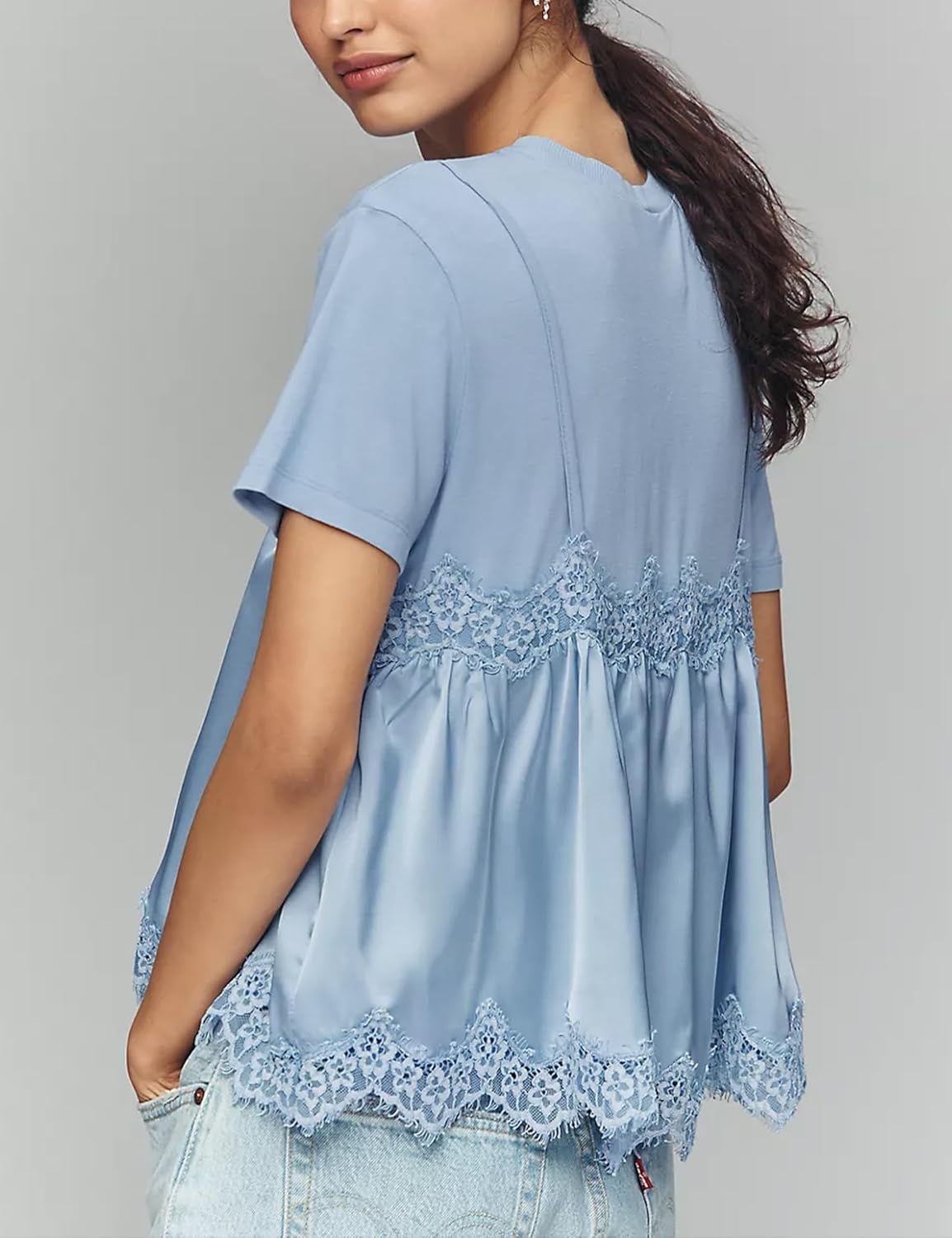 Lace Tops for Women Crew Neck Short Sleeve Blouse Ruffled Flowy Hem T-Shirts 2 in 1 Tank Blouse Summer T Shirts